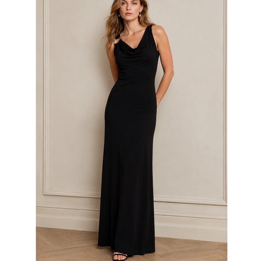 NEW RALPH LAUREN Dress 6 Ring Trim Jersey Cowl Neck Gown Black Stretch Long Maxi